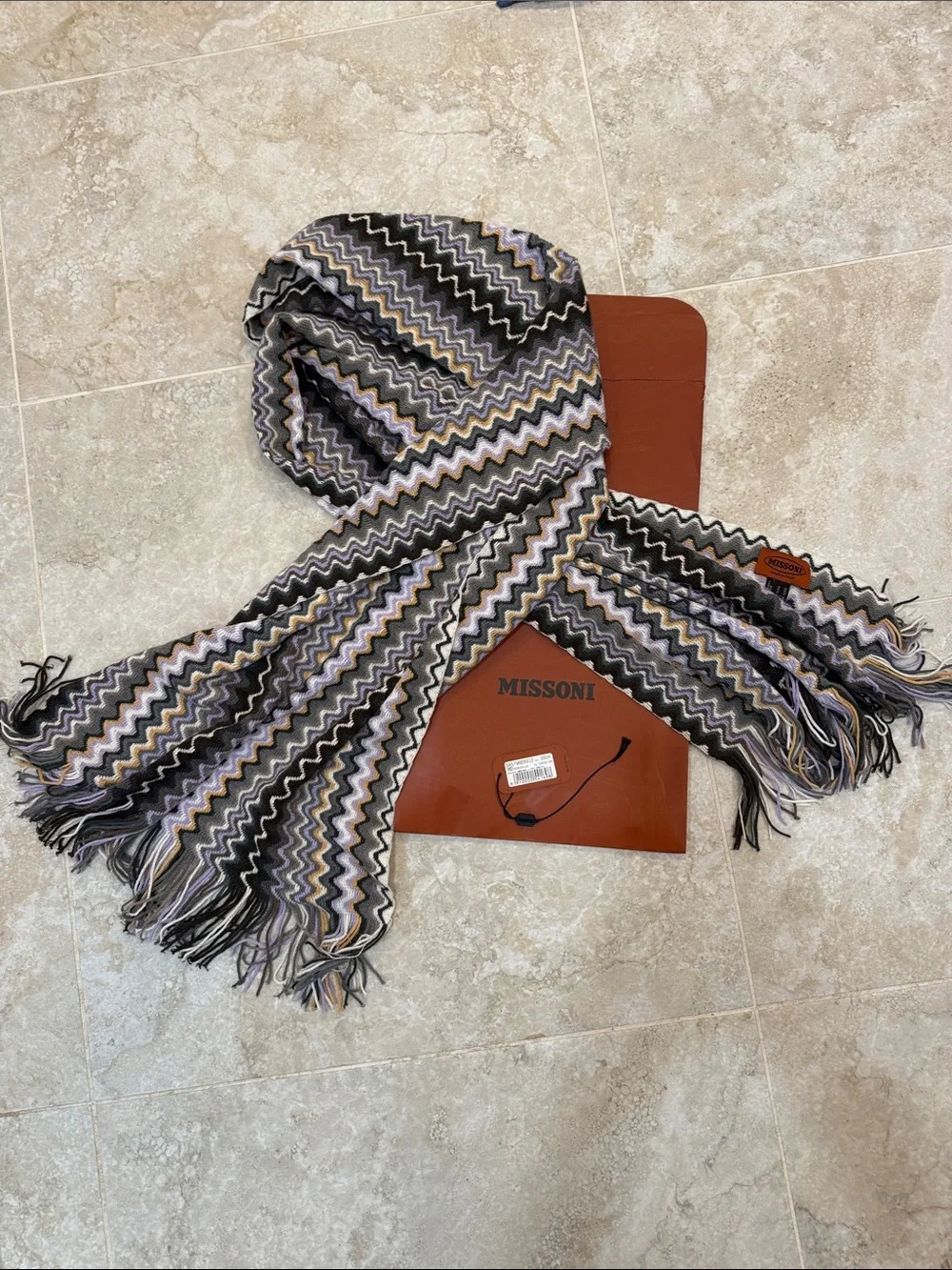 Authentic Missoni Zigzag Knit Scarf in Black, Gray, Brown, Gold & Purple